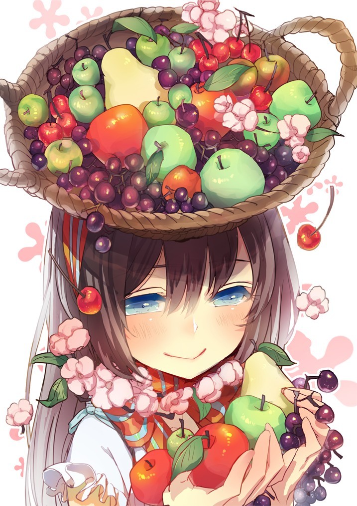 apple, basket, blue_eyes, blush, brown_hair, cherry, flower, flower_necklace