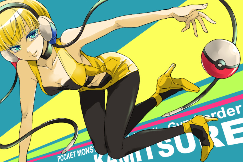 blonde_hair, blue_eyes, headphones, high_heels, kamitsure_(pokemon), meguro, pantyhose, poke_ball