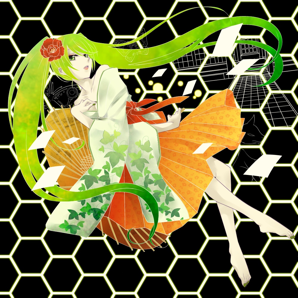 bare_shoulders, barefoot, feet, flower, green_eyes, green_hair, hair_flower, hair_ornament