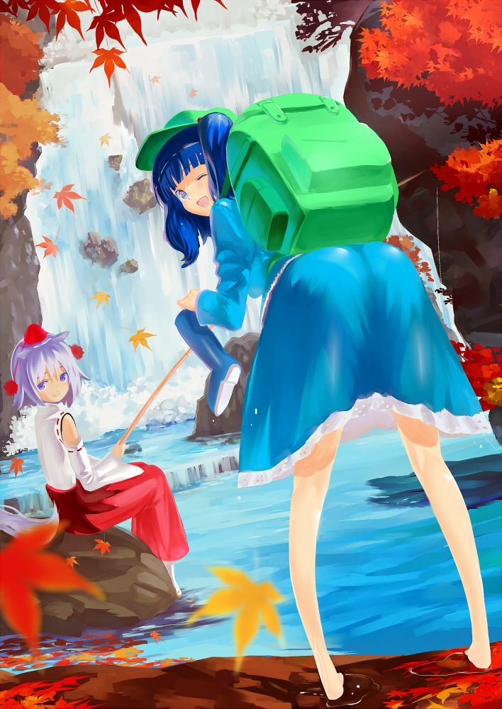 ass, backpack, bad_id, bag, barefoot, blue_eyes, blue_hair, boots