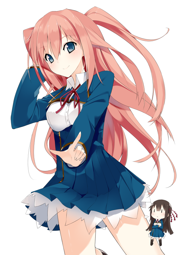:<, bad_id, black_legwear, blue_eyes, blush, brown_hair, chibi, hand_in_hair