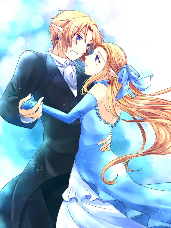 alternate_outfit, blonde_hair, blue_dress, blue_eyes, couple, dancing, dress, earrings