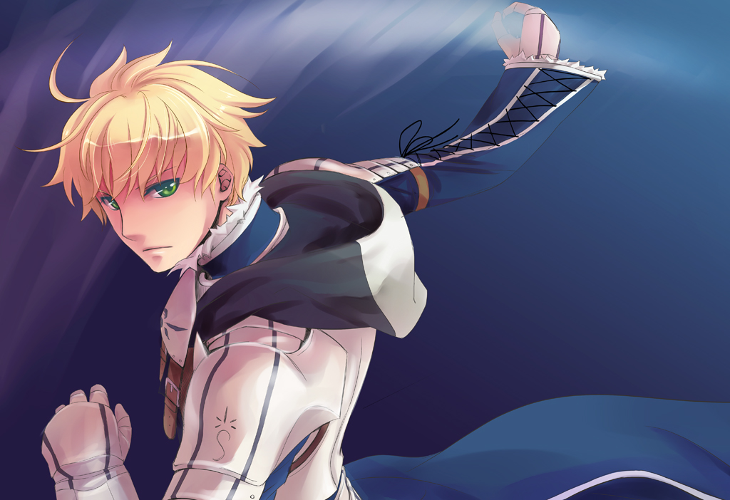 ahoge, armor, blonde_hair, fate/prototype, fate_(series), gauntlets, green_eyes, invisible_air, joha, male, saber_(fate/prototype), short_hair, solo, sword, weapon