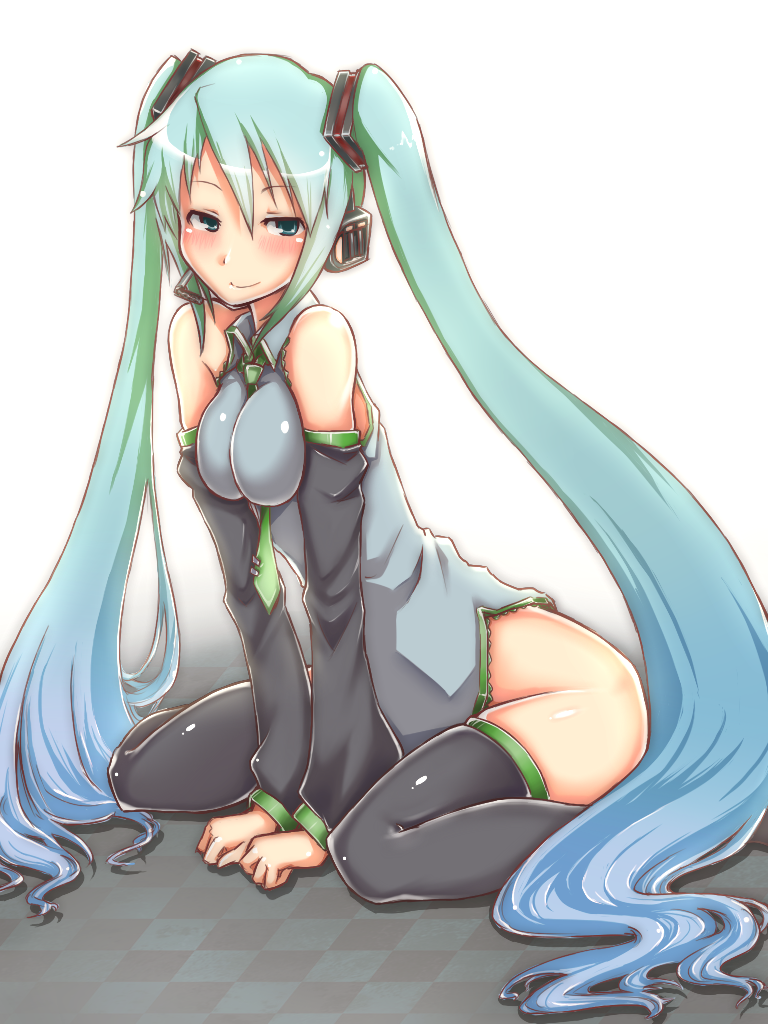 aqua_hair, arm_support, blush, breast_squeeze, breasts, checkered, checkered_floor, detached_sleeves