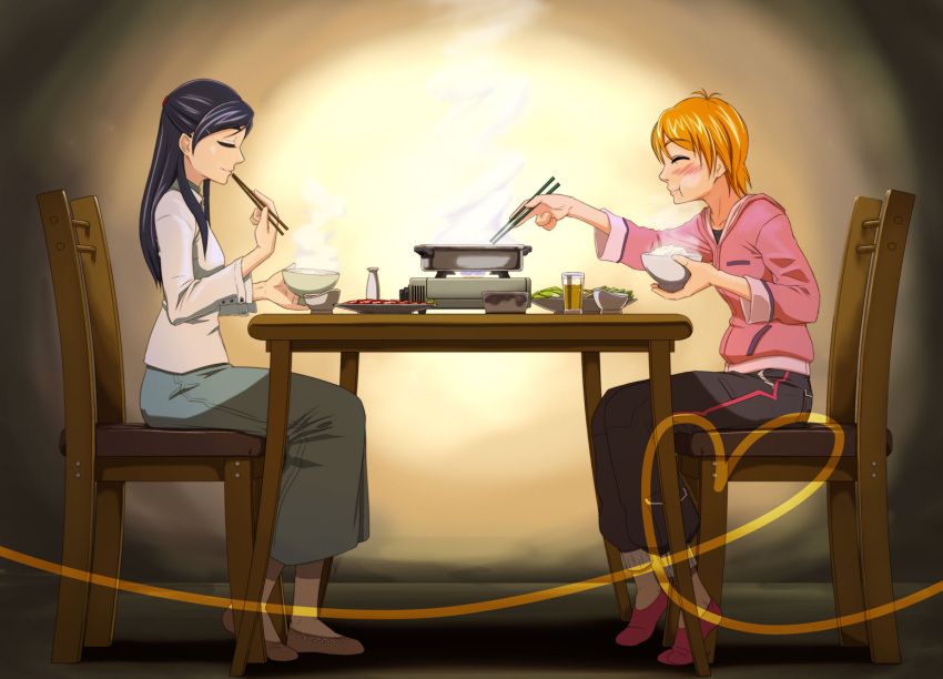 adult, beer, black_hair, blush, bowl, brown_hair, chopsticks, closed_eyes