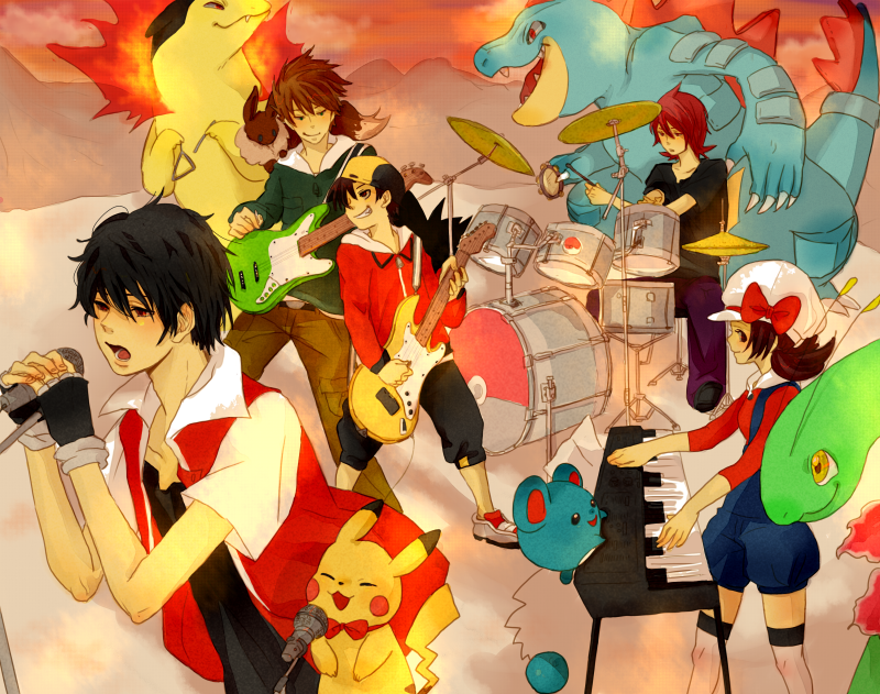 1girl, 4boys, alternate_costume, backwards_hat, bowtie, clothed_pokemon, drumsticks, eevee