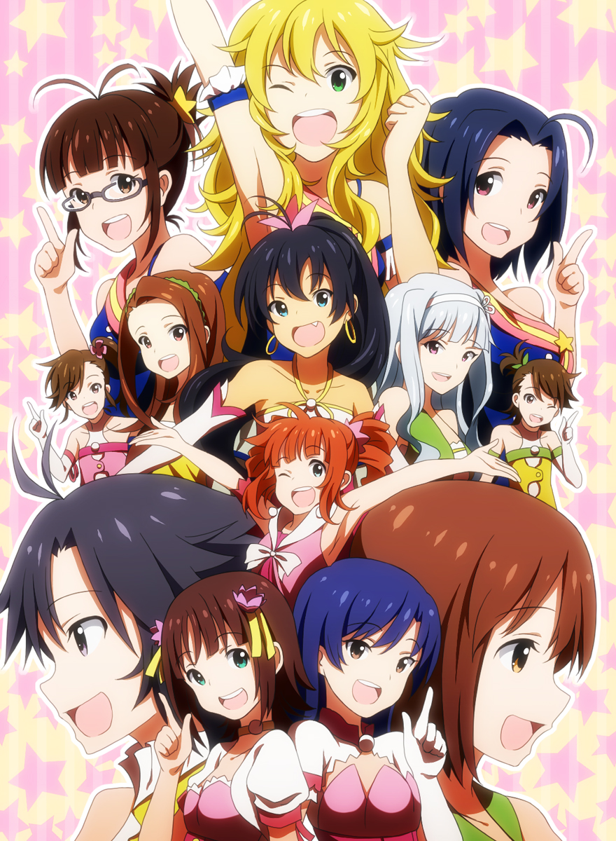 ahoge, akizuki_ritsuko, amami_haruka, antenna_hair, aqua_eyes, bare_shoulders, black_hair, blonde_hair