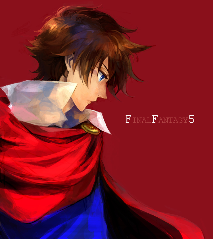 blue_eyes, brown_hair, butz_klauser, cape, dissidia_final_fantasy, final_fantasy, final_fantasy_v, kuzumosu, male, profile, red_background, short_hair, simple_background, solo, title_drop