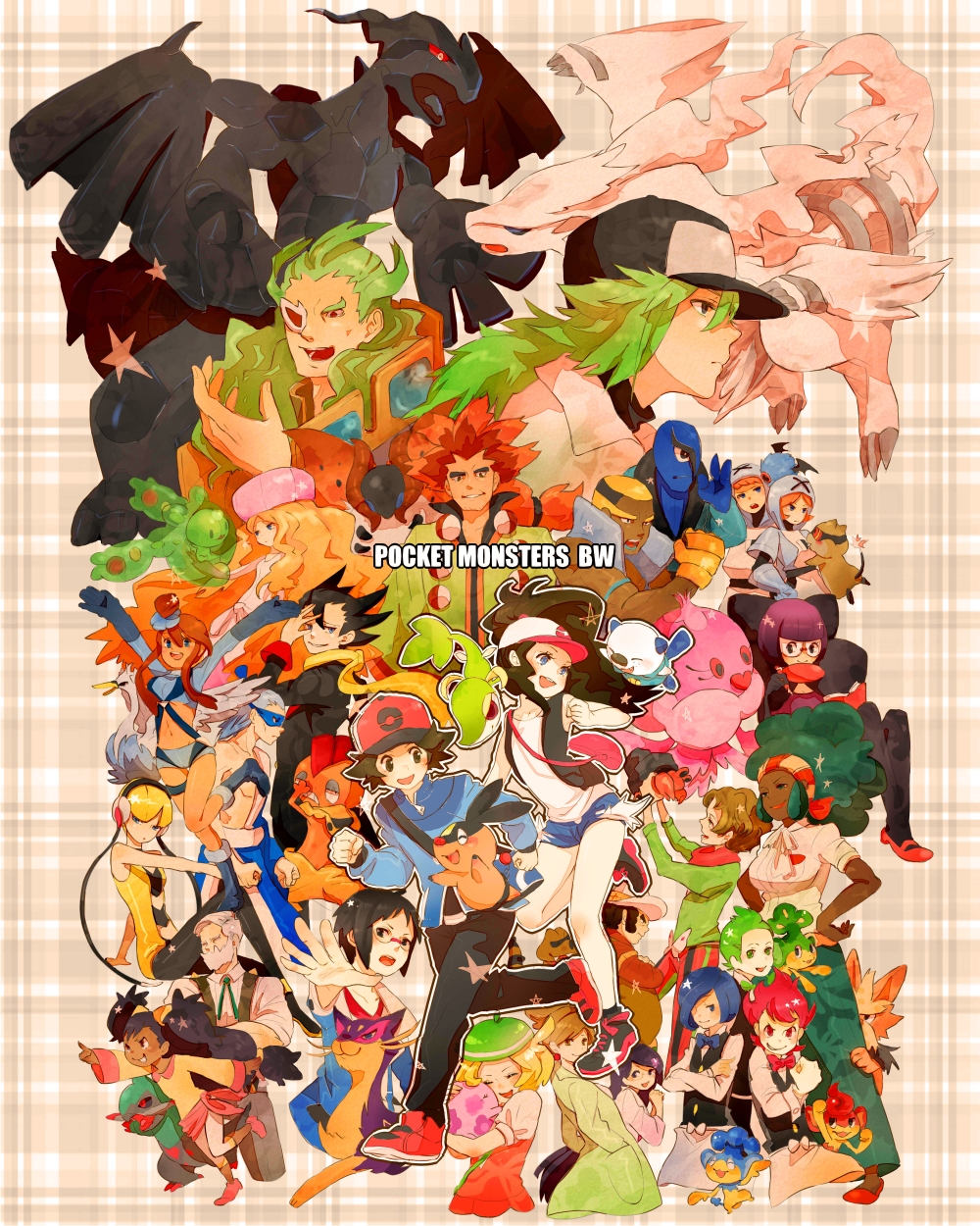 6+boys, 6+girls, absolutely_everyone, abstract_background, adeku_(pokemon), afro, aloe_(pokemon), araragi_(pokemon)