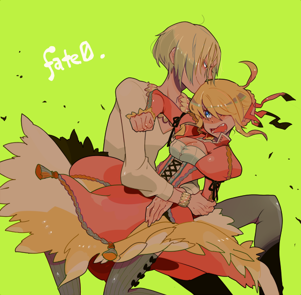 1girl, adapted_costume, ahoge, blonde_hair, blue_eyes, breasts, dress, earrings, fate/extra, fate/stay_night, fate/zero, fate_(series), gilgamesh, jewelry, necklace, puffy_sleeves, red_eyes, rurituvo, saber, saber_extra, short_hair, thigh-highs, thighhighs