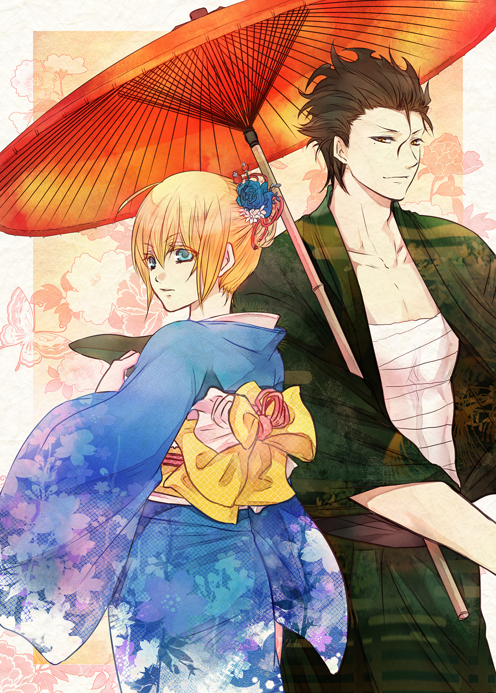 1girl, ahoge, blonde_hair, blue_eyes, brown_hair, fate/zero, fate_(series), flower