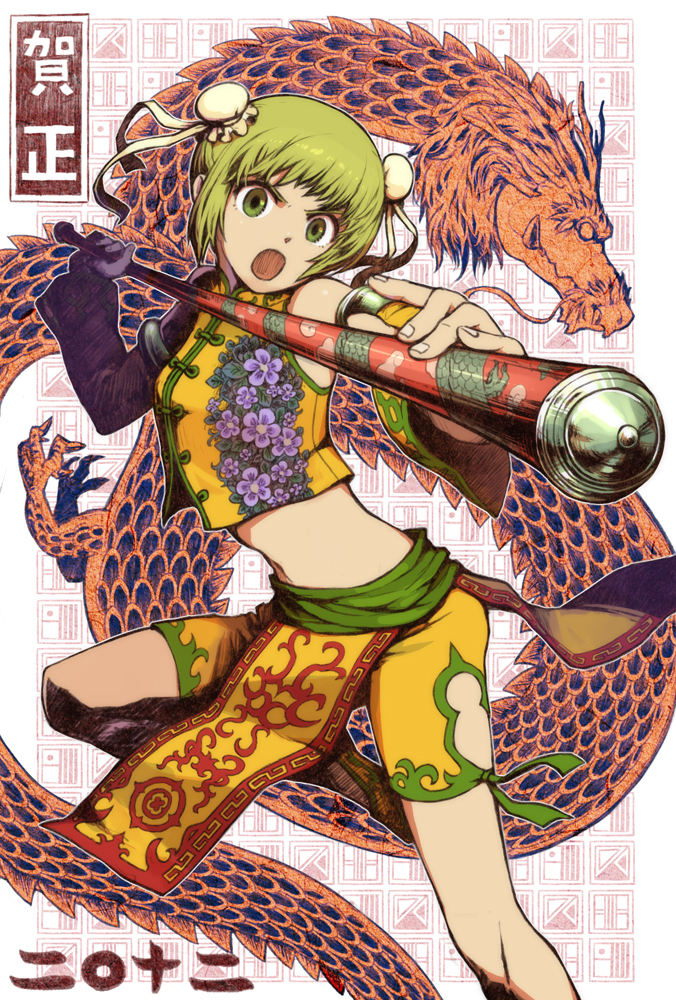 2012, alternate_costume, baton, chinese_clothes, detached_sleeves, double_bun, dragon, dragon_kid, eastern_dragon, fighting_stance, green_eyes, green_hair, huang_baoling, midriff, nira_(niratoro), niratoro, perspective, short_hair, shorts, slippers, solo, staff, superhero, tiger_&amp;_bunny, vest