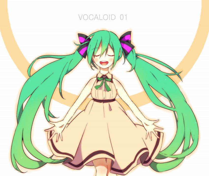 blush, closed_eyes, dress, eyes_closed, green_hair, hatsune_miku, long_hair, open_mouth, solo, twintails, very_long_hair, vocaloid, waka_(978-4)