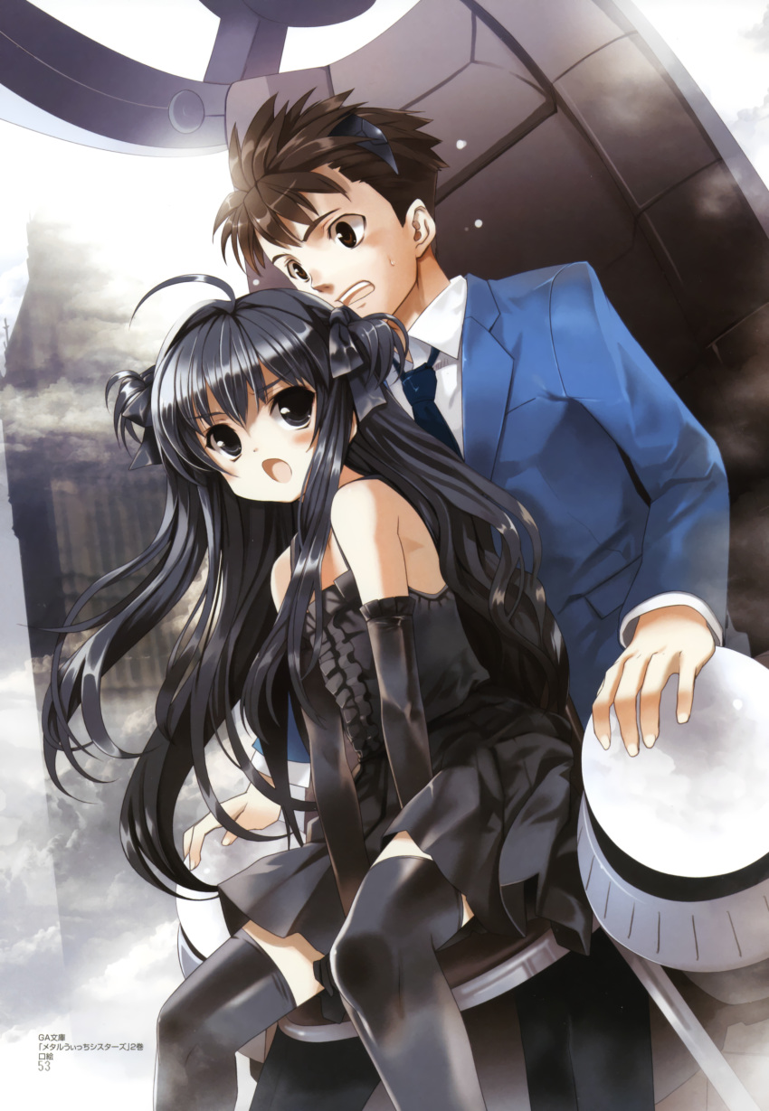 1girl, :o, absurdres, ahoge, bare_shoulders, black_dress, black_eyes, black_gloves