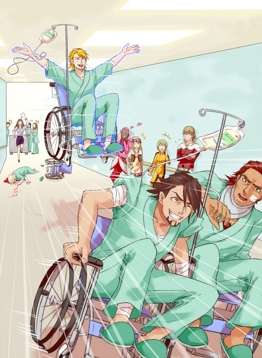 agnes_joubert, amaamaamaou, angry, antonio_lopez, bandage, bandages, barnaby_brooks_jr, blonde_hair, blood, brown_hair, chasing, crossed_arms, dark_skin, flying, glasses, goatee, green_eyes, hat, heart, highres, hospital, huang_baoling, injury, intravenous_drip, ivan_karelin, kaburagi_t_kotetsu, karina_lyle, keith_goodman, laughing, medical, multiple_boys, multiple_girls, nathan_seymour, pink_hair, racing, red_hair, running, slippers, sweatdrop, tiger_&amp;_bunny, wheelchair, yellow_eyes
