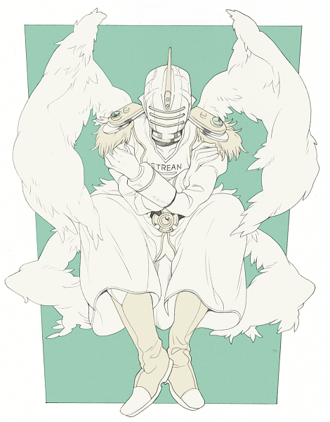 akusyu, boots, crossed_arms, epaulettes, helmet, keith_goodman, male, power_suit, simple_background, sitting, sky_high, solo, spot_color, superhero, tiger_&amp;_bunny, wings