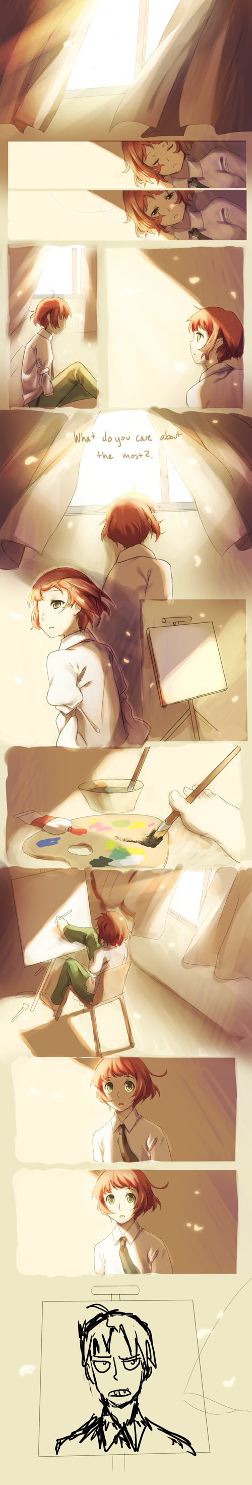 absurdres, amputee, canvas_(object), comic, curtains, easel, green_eyes, highres