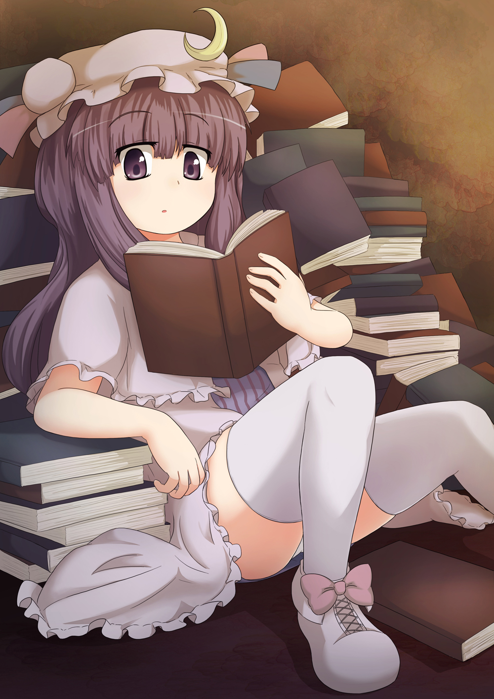 book, bow, crescent, dress, hat, highres, holding, holding_book