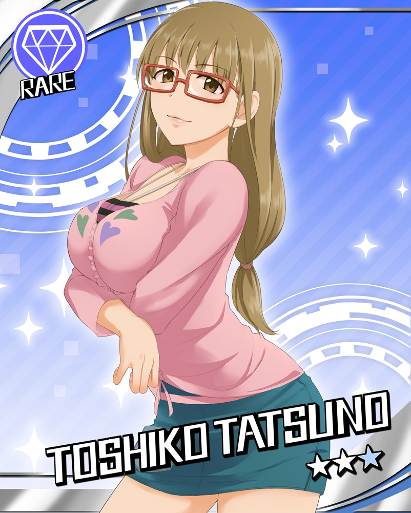 breast_hold, breast_lift, breasts, brown_eyes, brown_hair, character_name, cinderella_girls_card_parody, crossed_arms