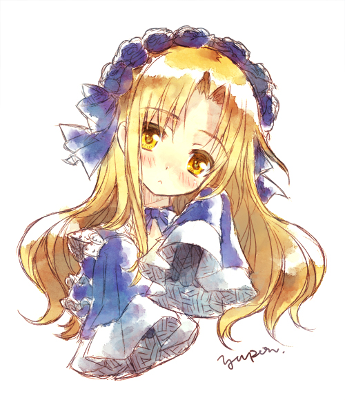:<, blonde_hair, blush, hairband, head_tilt, kikokugai, long_hair, petrushka_(kikokugai)