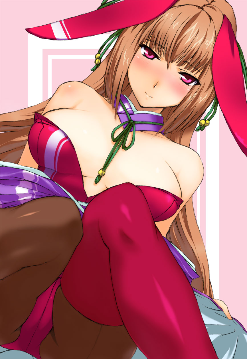 bare_shoulders, blush, breasts, brown_hair, bunny_ears, bunnysuit, highres, new_year
