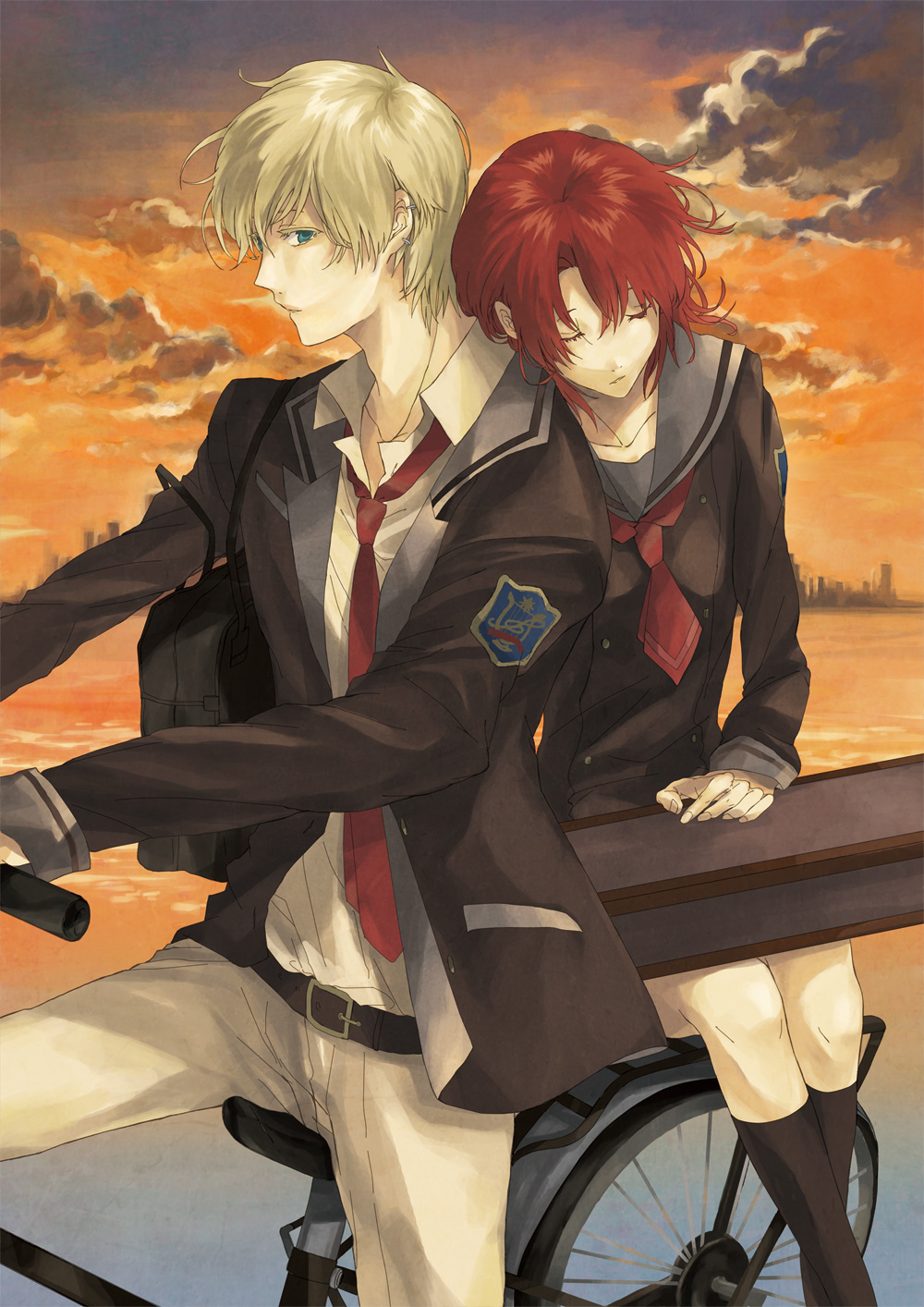 1girl, bicycle, blonde_hair, closed_eyes, couple, dusk, eyes_closed, highres, hino_kahoko, kaji_aoi, la_corda_d'oro, miu_(pixiv106790), red_hair, redhead, school_uniform, short_hair, sleeping, sunset