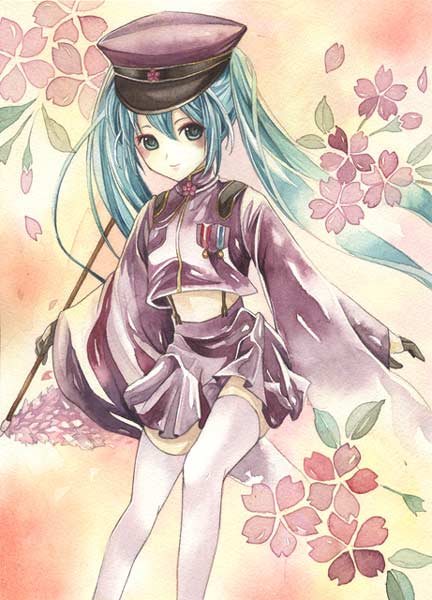 aqua_hair, colored_pencil_(medium), green_eyes, hat, hatsune_miku, medal, peaked_cap, senbon-zakura_(vocaloid)