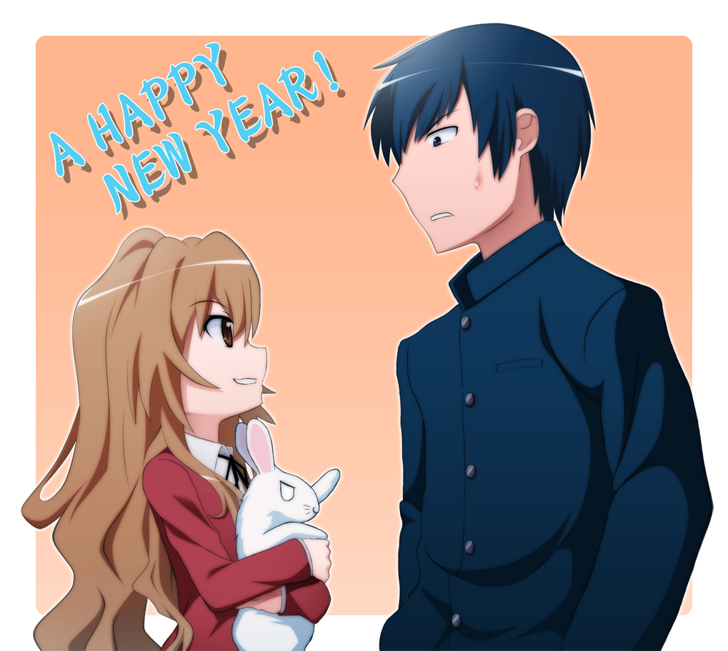 aisaka_taiga, blue_hair, brown_eyes, brown_hair, bunny, happy_new_year, hati_(19870119hy), long_hair, new_year, rabbit, school_uniform, short_hair, takasu_ryuuji, toradora!