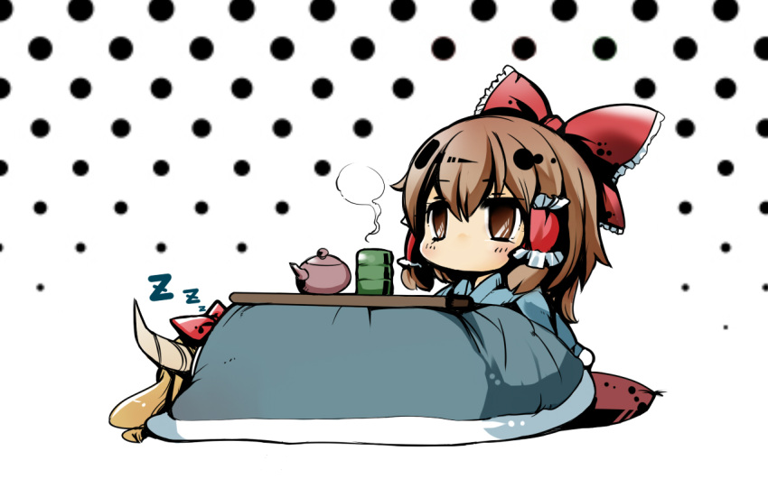 alternate_costume, blonde_hair, blue_dress, bow, brown_eyes, brown_hair, chibi, cup