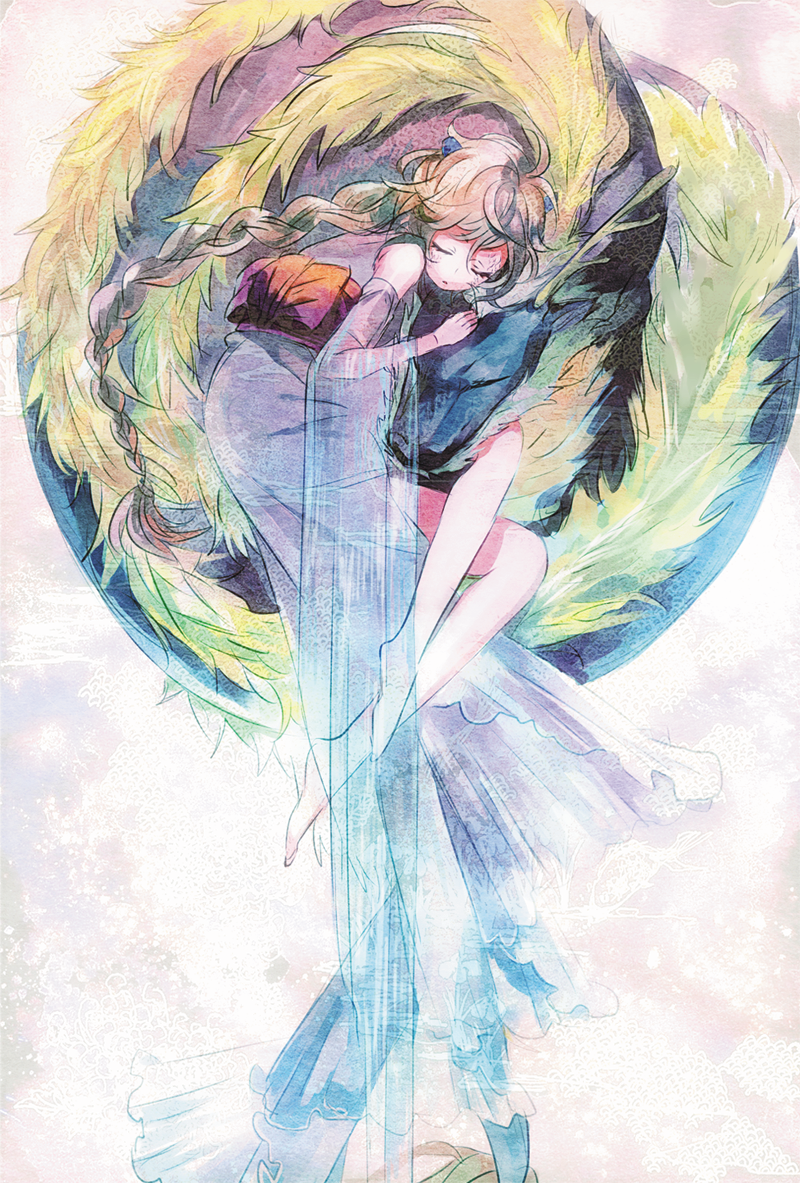 bare_legs, braid, brown_hair, closed_eyes, detached_sleeves, dragon, eastern_dragon, eyes_closed