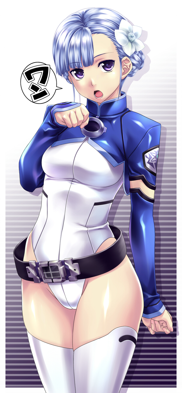 asymmetrical_bangs, bangs, belt, blue_hair, fin_ay_ludo_sui_lavinty, fin_e_ld_si_laffinty, flower, hair_flower, hair_ornament, highres, leotard, nagayori, open_mouth, paw_pose, purple_eyes, rinne_no_lagrange, shiny, shiny_skin, short_hair, sleeves_past_wrists, solo, speech_bubble, thigh-highs, thighhighs, violet_eyes, white_legwear