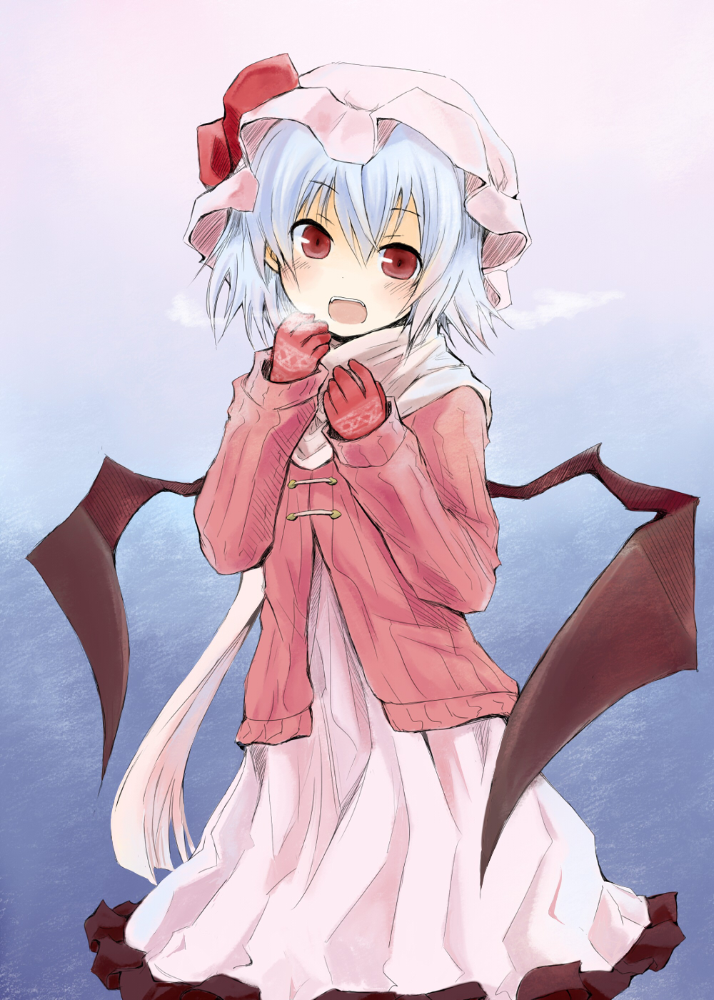 bat_wings, blue_hair, breath, contemporary, gloves, hat, highres, mugi_(banban53)