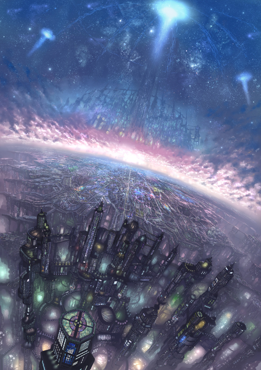 city_lights, cityscape, cloud, denki, dutch_angle, highres, horizon, megastructure