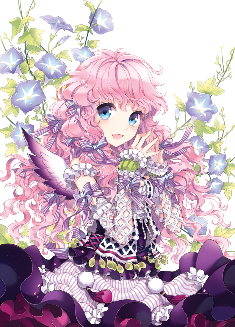 blue_eyes, bow, bust, detached_sleeves, flower, frills, hair_bow, hands_together