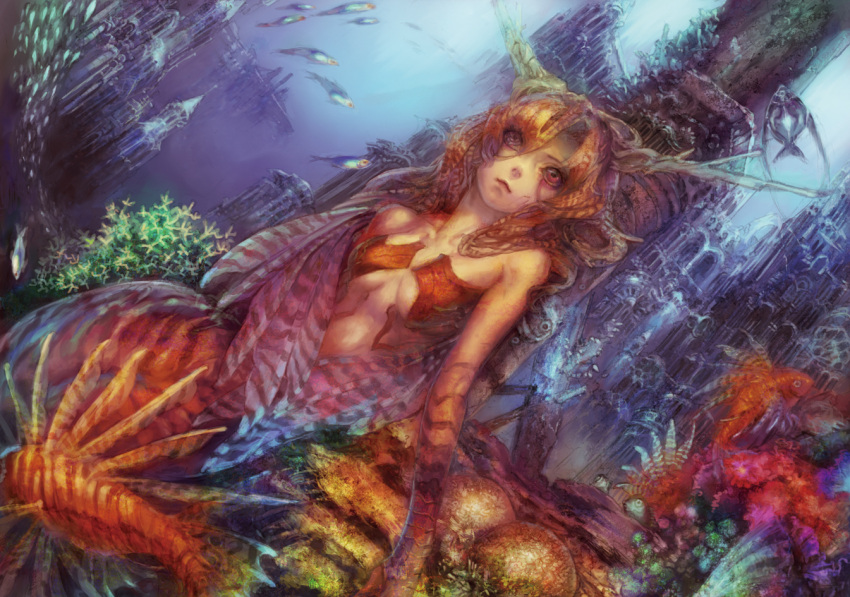 fish, horns, mermaid, monster_girl, munashichi, orange_hair, original, sitting