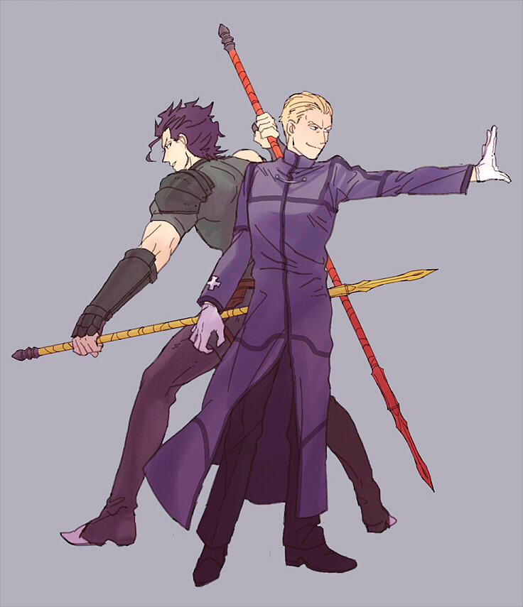 armor, black_hair, blonde_hair, fate/zero, fate_(series), gae_buidhe, gae_dearg, gloves, grey_background, kayneth_archibald_el-melloi, lancer_(fate/zero), male, multiple_boys, ossan_(ojyamax), polearm, spear, weapon