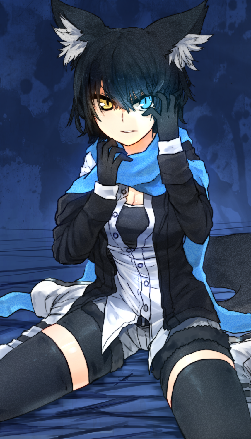 animal_ears, bike_shorts, black_gloves, black_hair, black_legwear, boots, breasts, cleavage