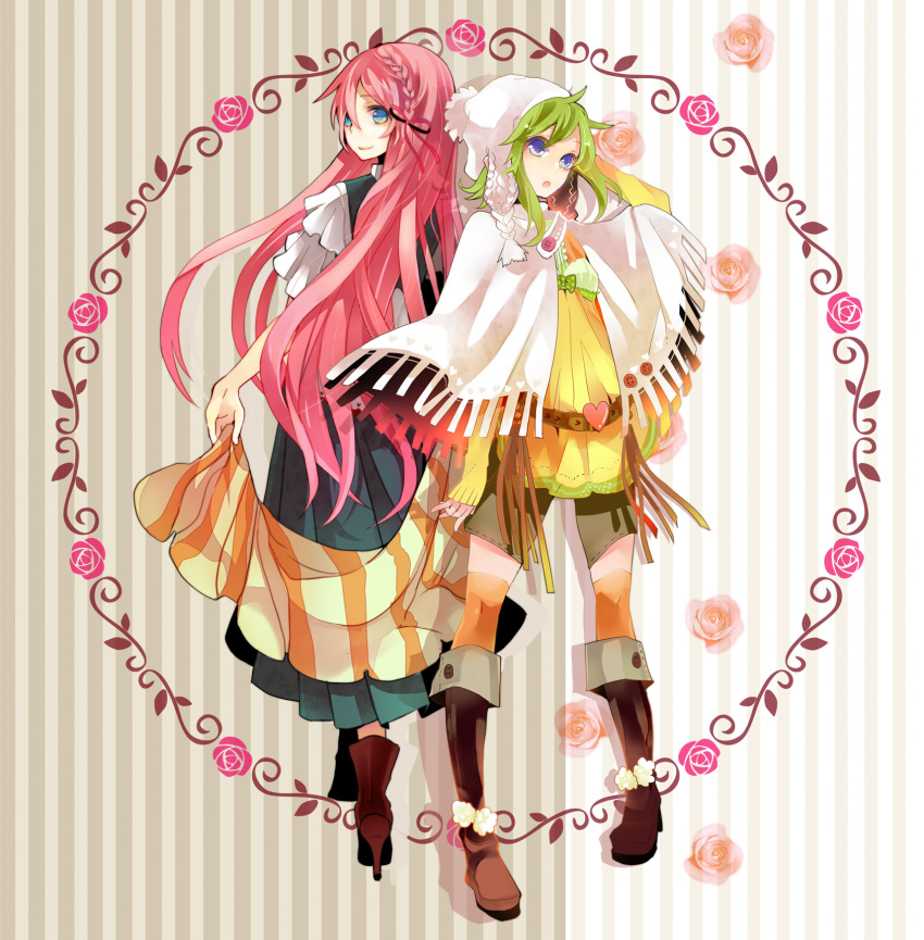 blue_eyes, bonnet, boots, casual, green_hair, gumi, hair_ribbon, highres