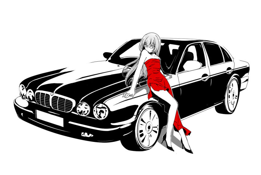 1girl, b_(kana0816), bare_legs, bare_shoulders, car, crossdressinging, dress, flat_chest