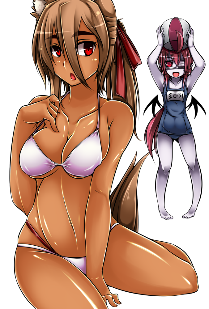 1girl, arms_up, bad_id, ball, bare_shoulders, bat_wings, beachball, bikini