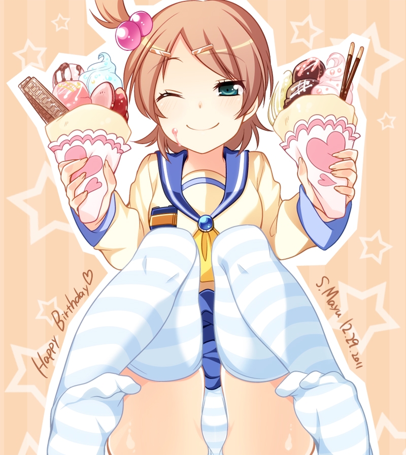 brown_hair, chocolate, corpse_party, crepe, food, food_on_face, green_eyes, hair_bobbles, hair_ornament, hairclip, ice_cream, panties, pantyshot, pantyshot_(sitting), pantyshot_sitting, pocky, school_uniform, serafuku, short_hair, side_ponytail, sitting, solo, striped, striped_legwear, striped_panties, suzumoto_mayu, thigh-highs, thighhighs, underwear, wink, yukishiro365
