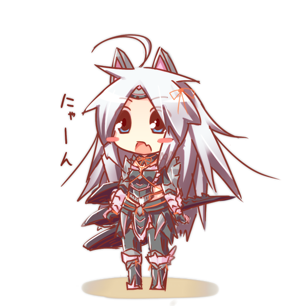animal_ears, armor, blue_eyes, blush_stickers, capcom, chibi, jinouga_(armor), jinouga_subspecies