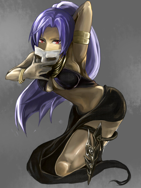 armlet, armpits, assassin_(fate/zero), black_skin, blue_hair, bracelet, breasts, cleavage