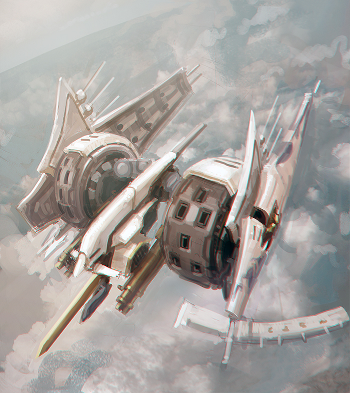 cloudy_sky, doyora, flying, horizon, ikaruga, no_humans, railgun, science_fiction