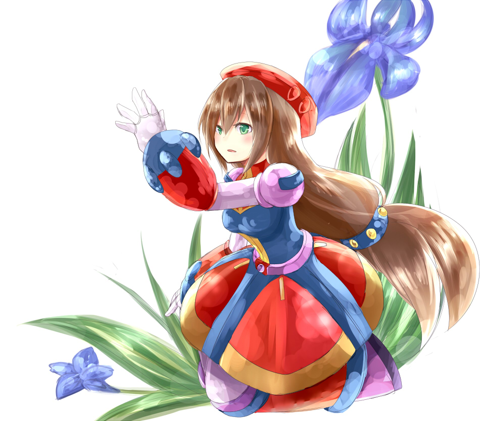 arupiyo_(catcat721), breasts, brown_hair, dress, flower, green_eyes, hat, iris, long_hair, ponytail, robot, rockman, rockman_x, rockman_x4, solo