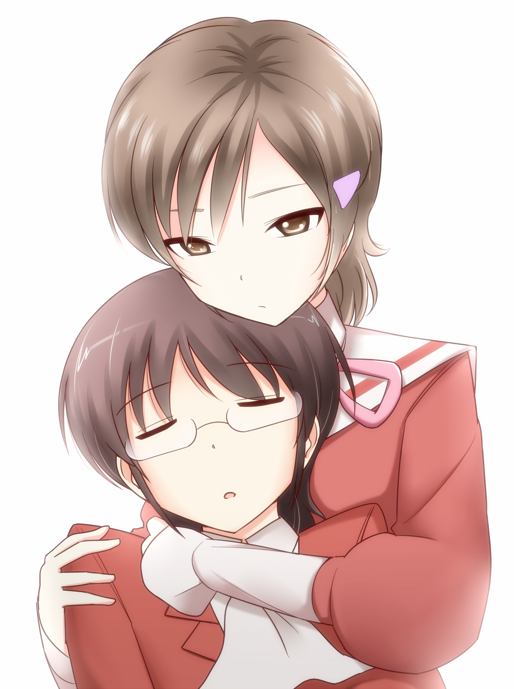1girl, brown_eyes, brown_hair, closed_eyes, couple, eyes_closed, glasses, hair_ornament