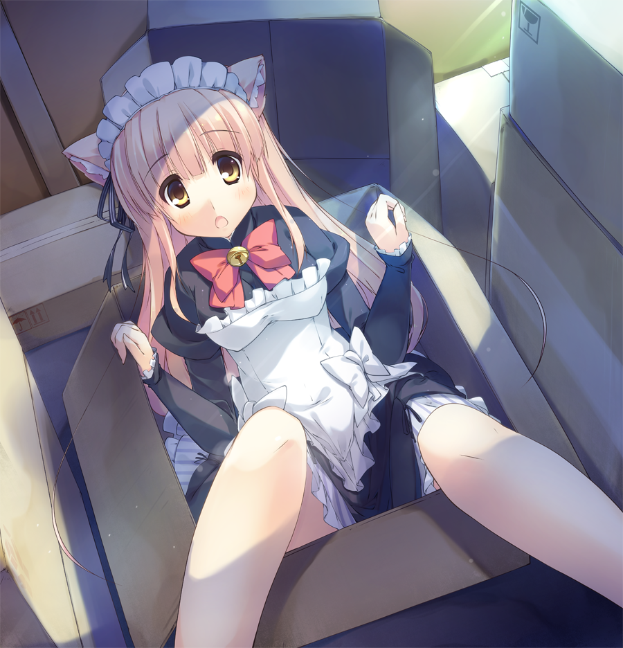 :o, animal_ears, bell, bow, box, breasts, brown_hair, cardboard_box