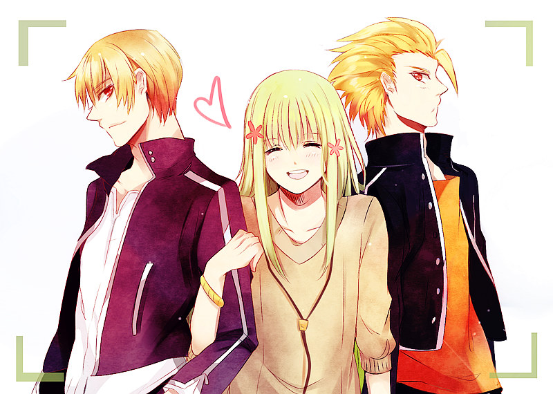 ^_^, ahoge, androgynous, archer_(fate/prototype), arms_locked, blonde_hair, bracelet, buttons