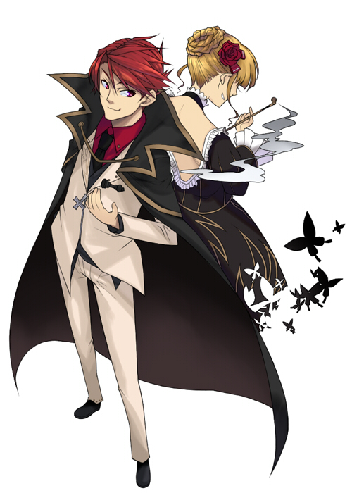 back-to-back, back_to_back, bad_id, bare_back, beatrice, blonde_hair, butterfly, cape, cross, flower, formal, hair_bun, hair_flower, hair_ornament, kiseru, lesskiss, pipe, red_eyes, red_hair, redhead, short_hair, smile, smoke, suit, tobacco_pipe, umineko_no_naku_koro_ni, ushiromiya_battler
