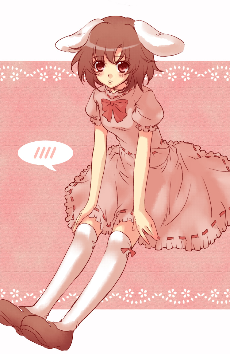 animal_ears, blush, bowtie, brown_hair, bunny_ears, dress, female, girl, inaba_tewi, koyuki_(rico), mary_janes, over-kneehighs, pink_eyes, puffy_sleeves, shoes, short_hair, simple_background, sitting, solo, spoken_blush, thigh-highs, thighhighs, touhou, white_legwear, zettai_ryouiki